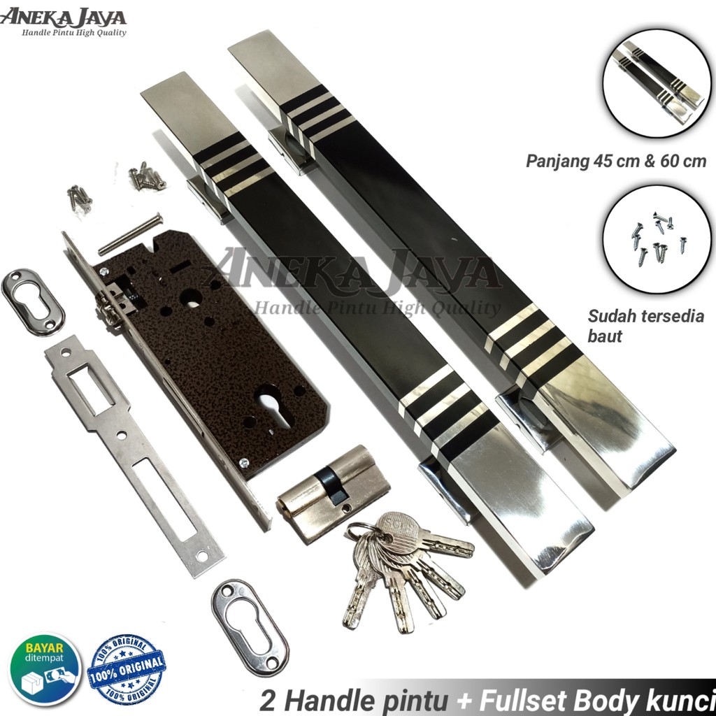 Handle pintu rumah set kunci Panjang 45 cm &amp; 60 cm / Gagang Pintu rumah / Tarikan pintu rumah Hitam