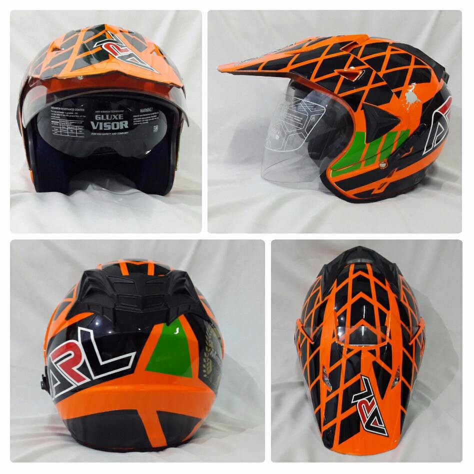 Helm ARL Semi Cross Half Face Double Visor Motocross Orange.