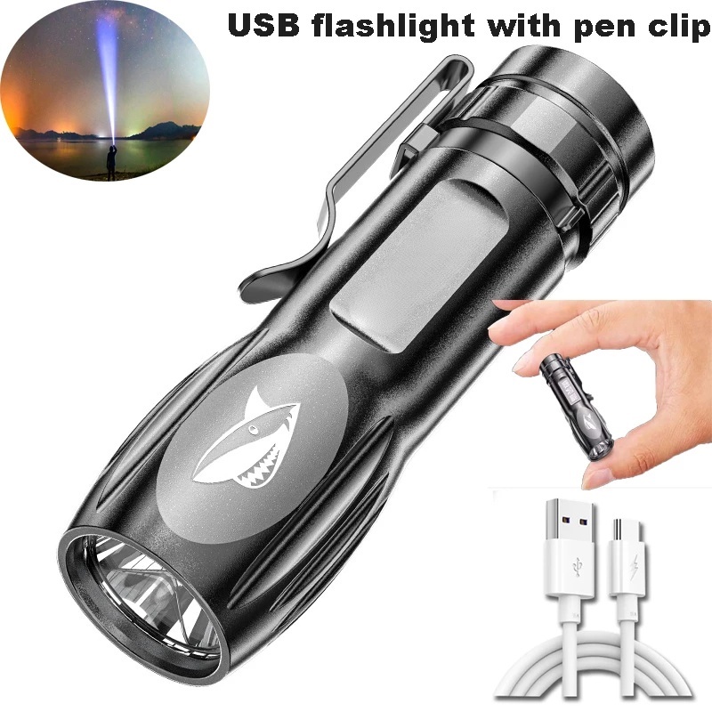 Lampu Senter Led Portable Anti Air Usb Rechargeable Dengan Holder Pulpen Untuk Outdoor / Camping