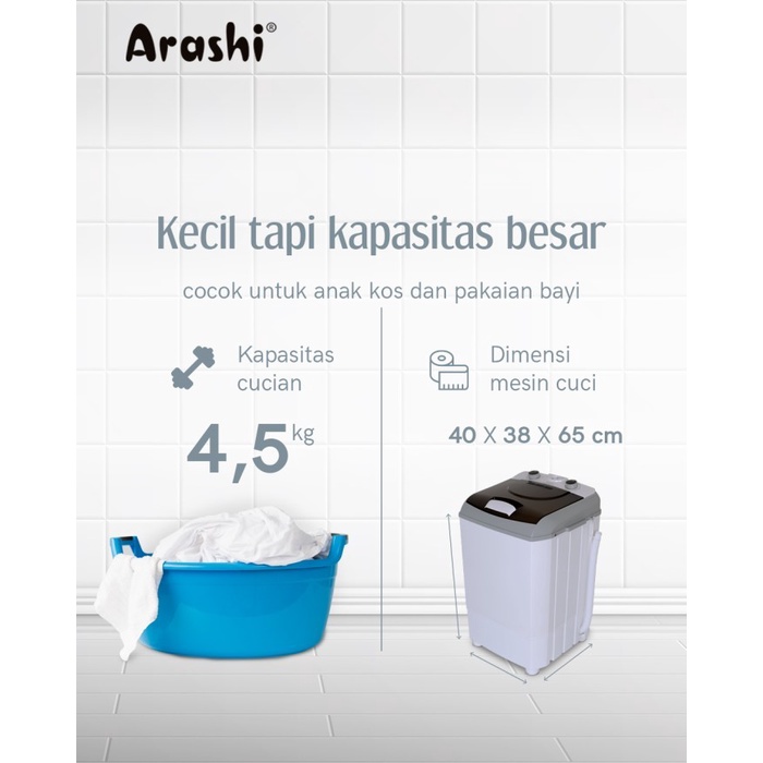 Instant Kurir Arashi Mesin Cuci Portable AWM-451 A / AWM-451A / AWM451A / AWM451 A / AWM 451A / AWM 451 A Mesin Cuci Mini 4.5 Kg