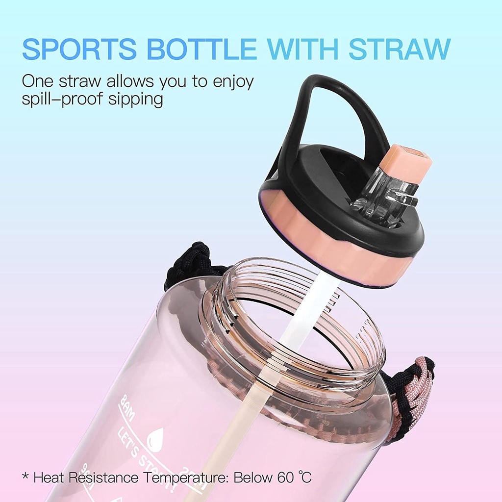 AKASO Botol Air Portabel 64oz dengan Straw Time Marker Kendi Air Bebas BPA Anti Bocor