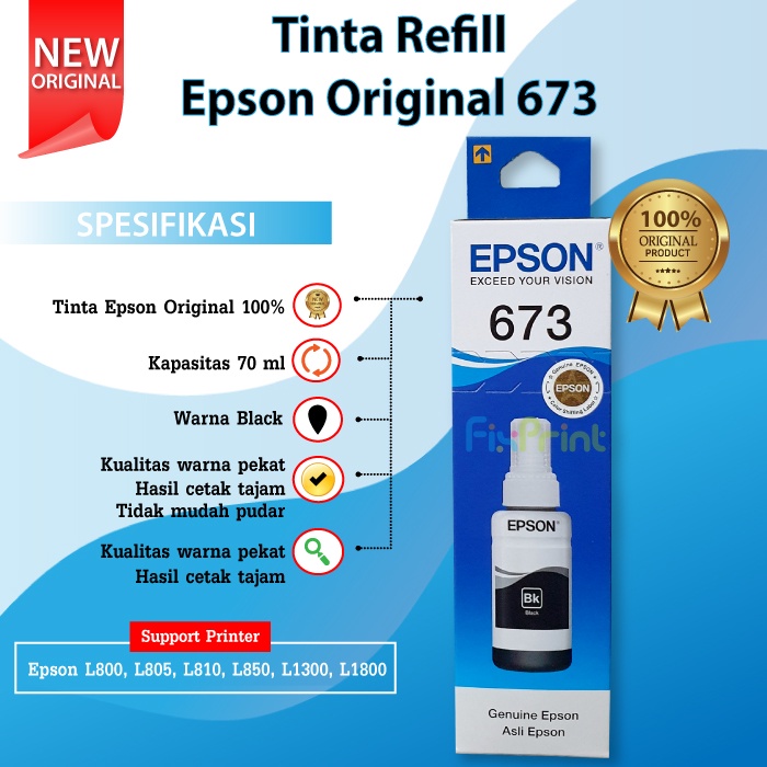 Tinta Epson Original 673 t6731 Black 70ml  Tinta Refill Printer Epson L800 L805 L810 L850 L1800