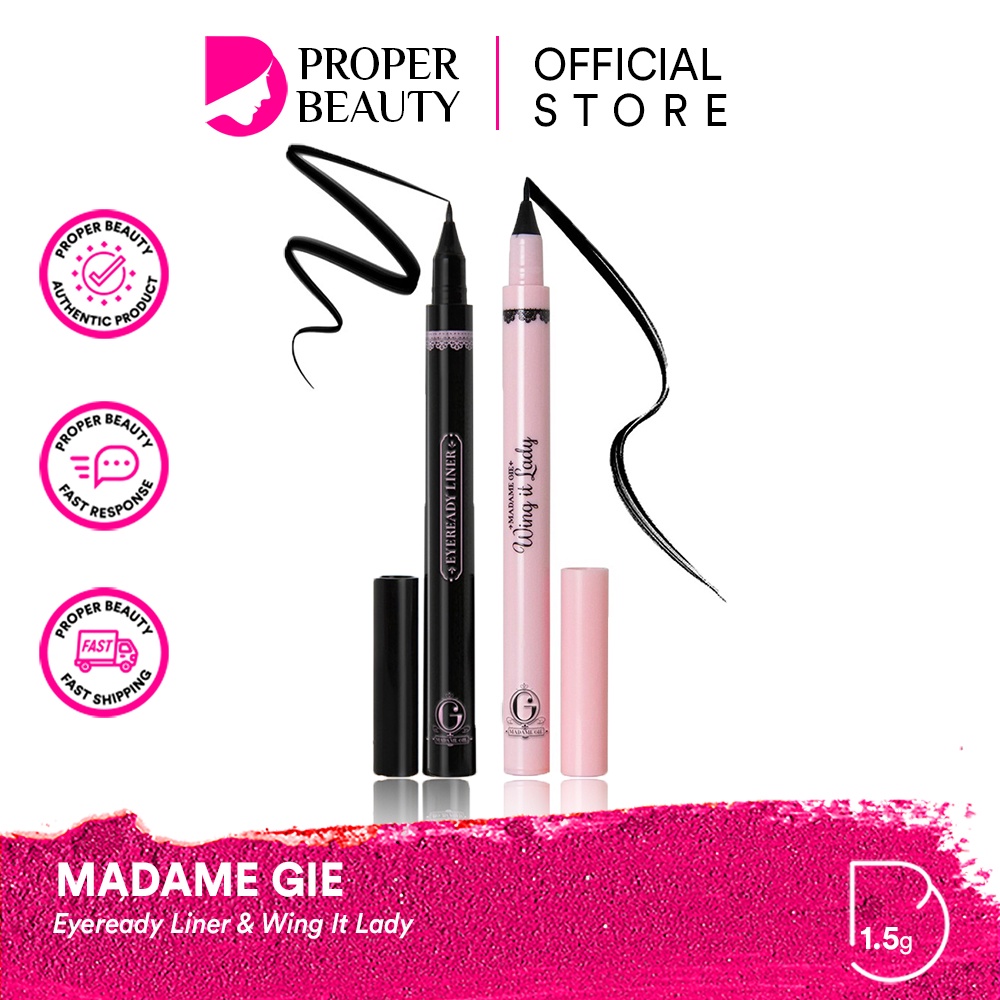 MADAME GIE Eyeready Liner &amp; Wing It Lady Indonesia / Liquid Eyeliner Pen Spidol Eye Liner / Smudge Waterproof Anti Air / Pigmented Aplikator Thick Thin Pensil / Rias Kelopak Mata Brow / Black Color Warna Hitam / Makeup Cosmetic Face Eye Make Up Eyebrow