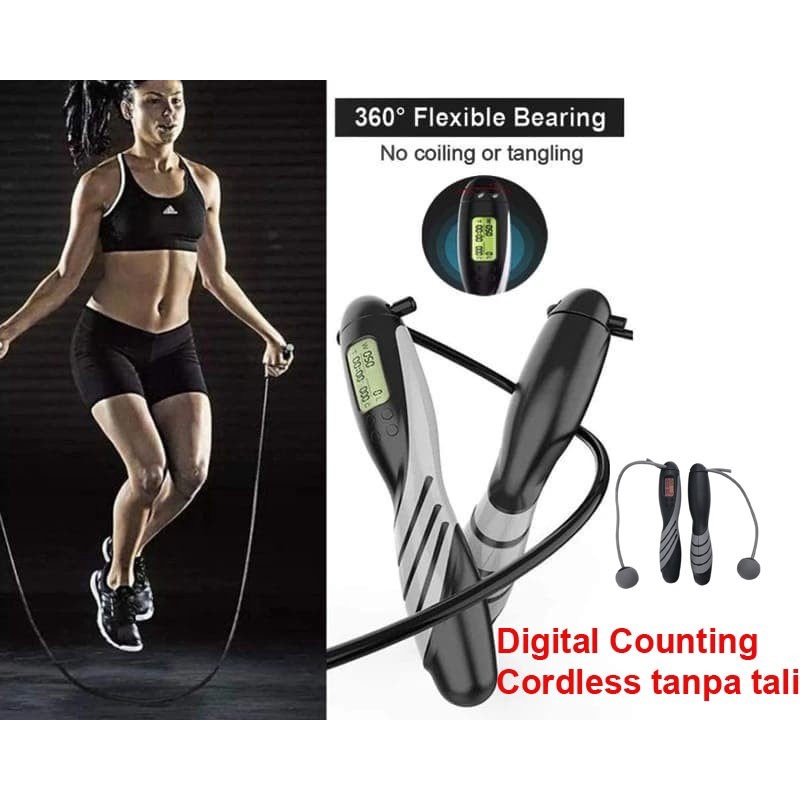 Electronic Counting Skipping Rope Lompat tali digital hitung kalori - BLACK +CORDLESS