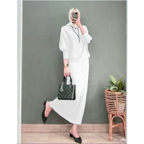 100% REAL PIC!! SET ANYA KNIT JUMBO XL-5XL ONE SET RAJUT WANITA SETELAN BLOUSE KNIT MUSLIM 13 WARNA-WHITE
