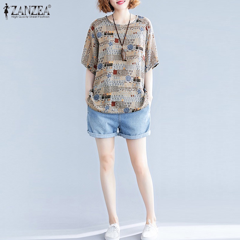 ZANZEA Women Short Sleeve Printed Vintage Casual Loose Blouse