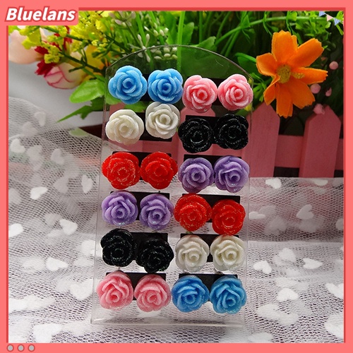 Bluelans 12 Pairs Women Fashion Rose Flower Mixed Color Flower Ear Stud Earring