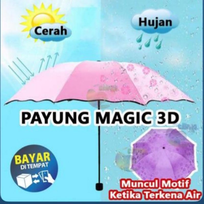 Payung Lipat 3 KOREA MAGIC DIMENSI Motif POLOS PASTEL kalau kena air ada motif BUNGA cantik