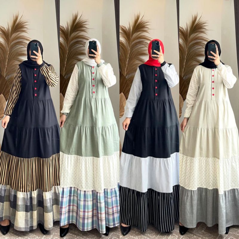 Gamis katun kombinasi syaina by semut original / gamis semut motif terbaru busui frendly