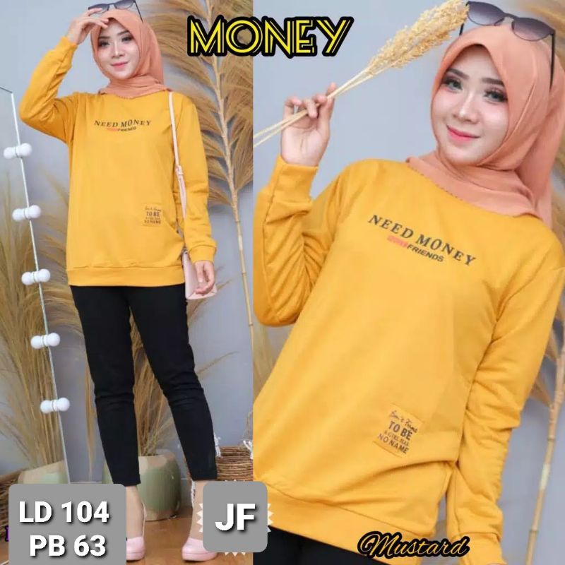 JF Atasan Kaos Lengan Panjang Wanita /  Sweater Babyterry Wanita Muslimah Terbaru MONEY