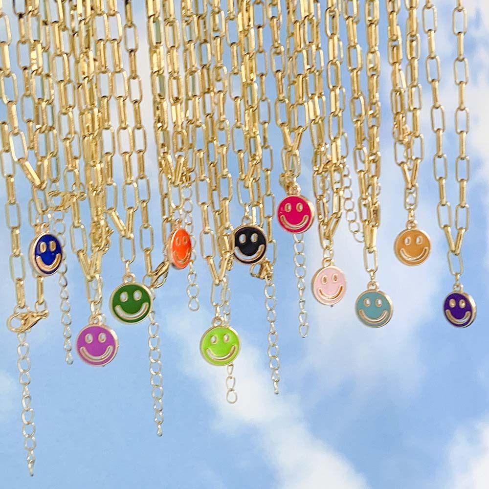 Needway Smiley Kalung Pria Hadiah Pesta Warna Emas Smiley Liontin Rantai Logam Drop Oil Vintage Klavikula Rantai