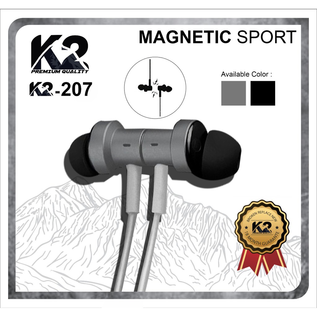 Handsfree / Headset K2 PREMIUM QUALITY K-207 MAGNETIC SPORT Super Bass garansi 18 bln