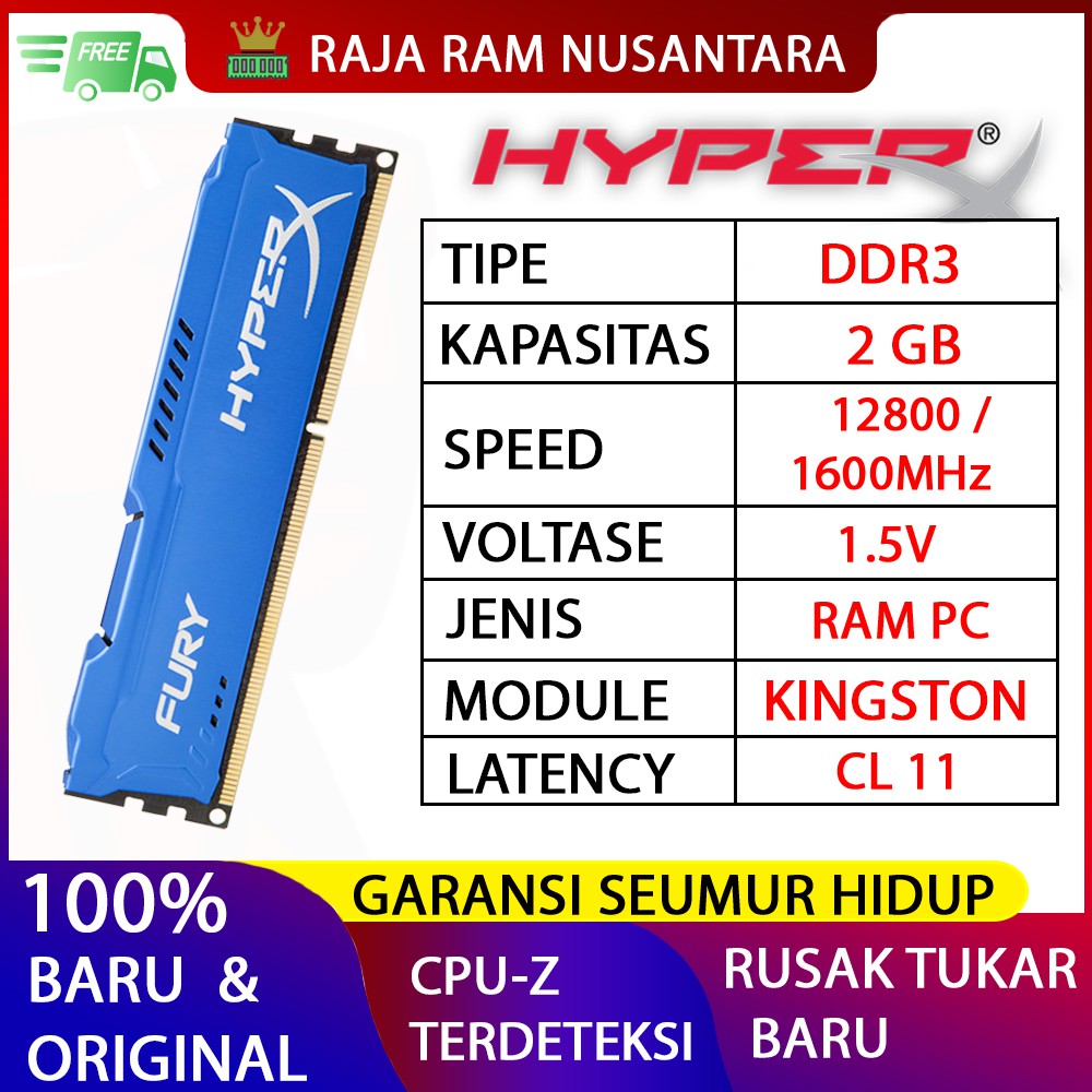 RAM KINGSTON HYPERX FURY GAMING DDR3 2GB 1600MHz 12800 RAM