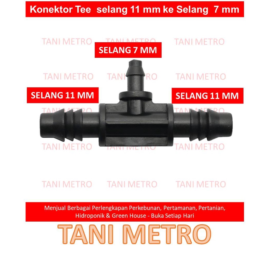 Konektor Tee 11-7-11 selang 11 mm ke selang 7 mm (3/8", 5/16")