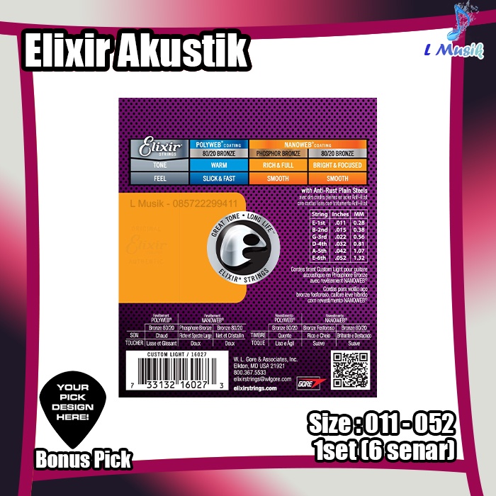 SENAR GITAR ELIXIR AKUSTIK NANOWEB - SENAR GITAR AKUSTIK UKURAN 011 ORI IMPORT