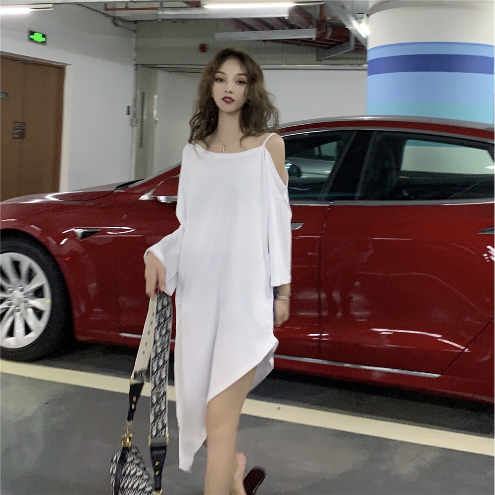 Baru Sexy Off-The-Shoulder Slip Gaun Retro Pinggang Dikendalikan Pelangsing Celah Gaun