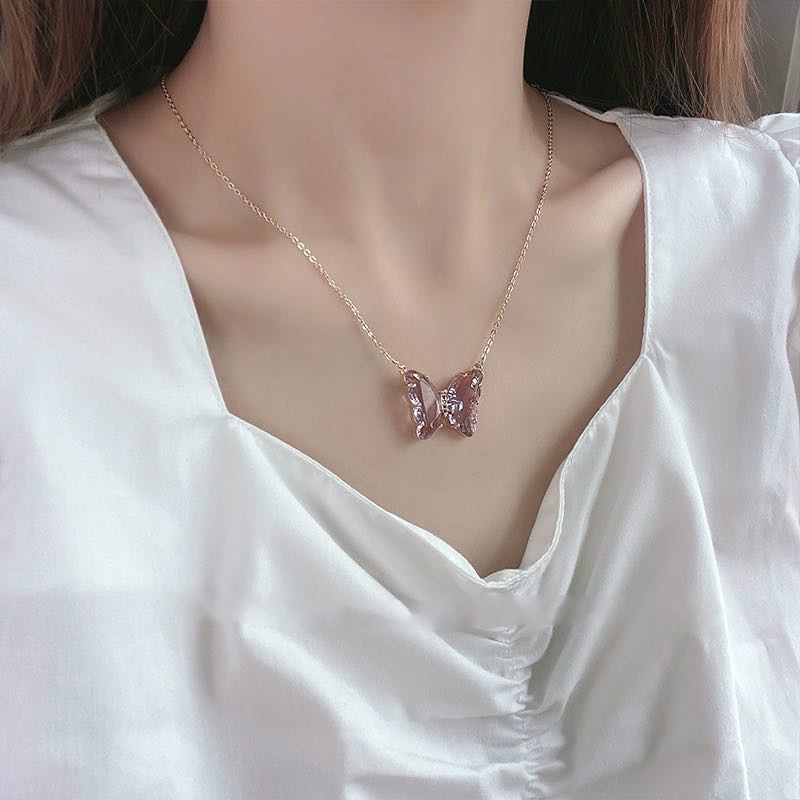 Kalung Rantai Gold 18K Liontin Kupu-Kupu Hias Kristal Zircon Untuk Wanita