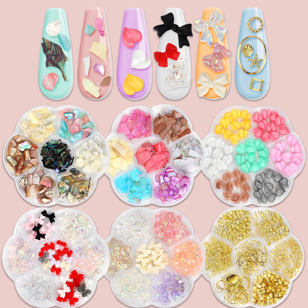 6 Gaya Ornamen 3d Cute Manicure Accessories Cartoon Nail Art Decorations Bentuk Beruang / Pita / Kerang Abalone / Kepingan Salju Untuk Dekorasi Nail Art DIY