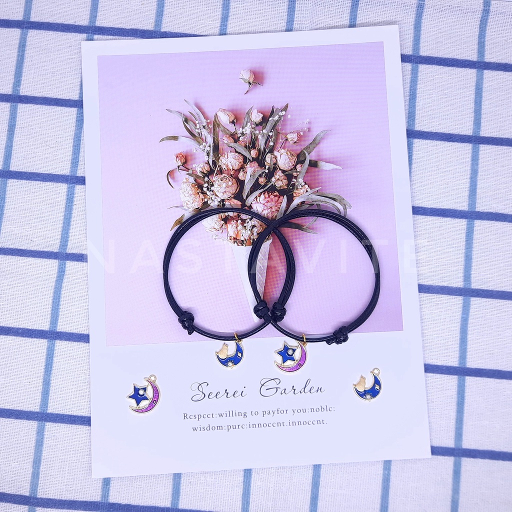 Gelang Couple Sahabat 2 Orang Bulan Bintang Simple Tali Korea Hitam Polos Murah