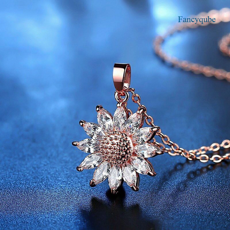 Fancyqube Kalung Rantai Liontin Bunga Matahari Aksen Zircon Berlian Imitasi Warna Silver Untuk Wanita