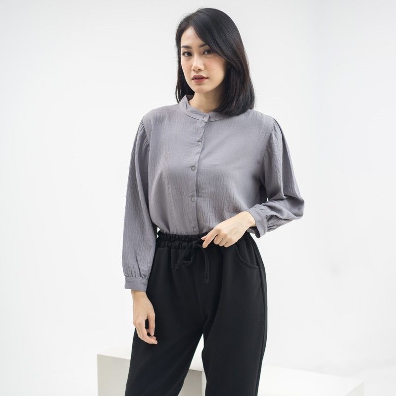 Aisa Blouse Crinkle Fit to XL Premium Kemeja Formal Kerja / River Blouse Crinkle Krah Sanghai Kemeja Wanita Polos-AISA LIGHT GREY