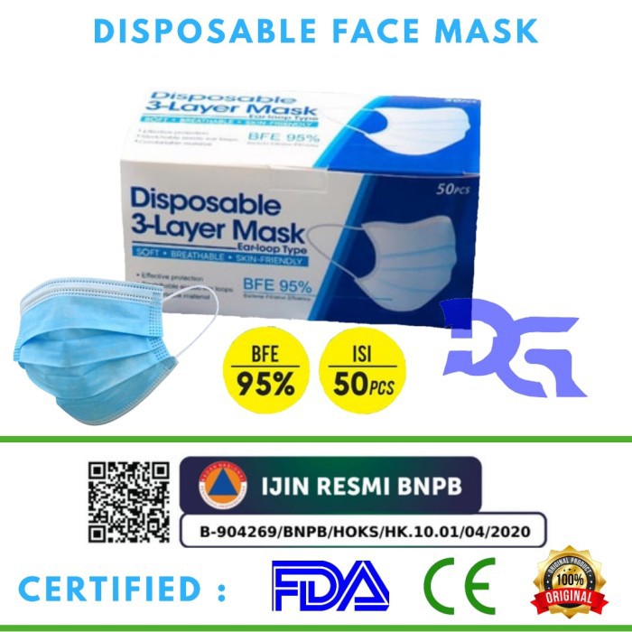 Masker 3 Ply / Masker 3 Ply Disposable Mask 1 Box Isi 50 pcs