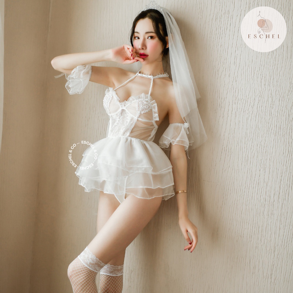 Eschelandco - BRIDE Lingerie Sexy Cosplay 5IN1 Kostum Sexy Pengantin Wedding - Baju Tidur Dewasa