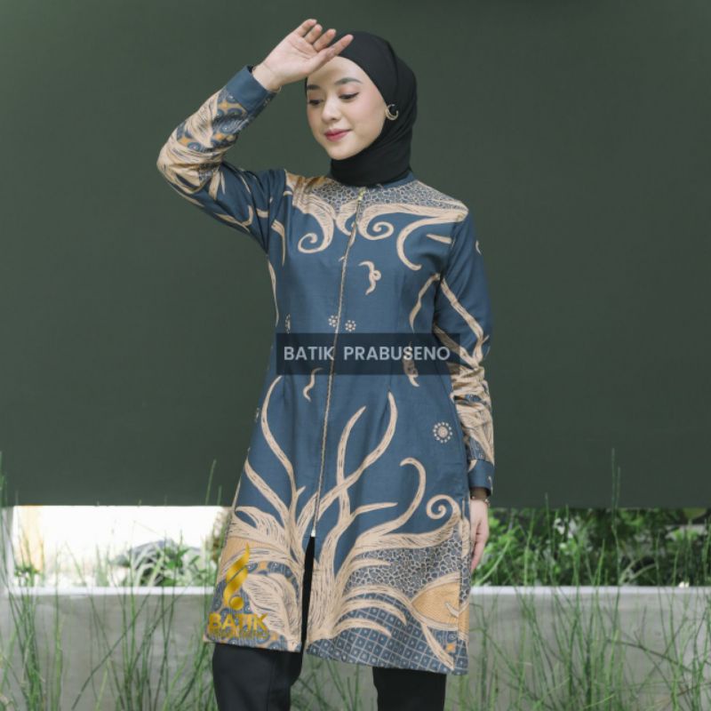 Batik Prabuseno SP Motif Samudra Biru Tunik Batik Katun Wanita Seragam Batik Kantor Atasan Batik Wan