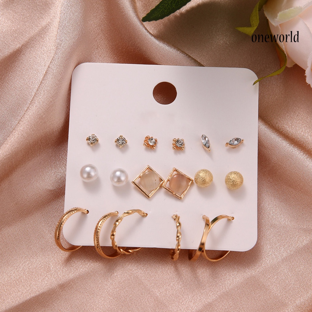 OW# 9 Pairs Women Faux Pearl Shiny Rhinestone Geometrical Ear Stud Earring Jewelry Accessory