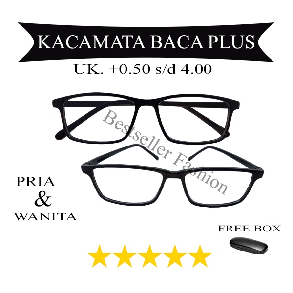 Kacamata Baca uK. +0.50 s/d +4.00 Frame Kotak Hitam Ringan Untuk Pria / Wanita kacamata Full Plus Rabun Dekat Unisex FREECASE