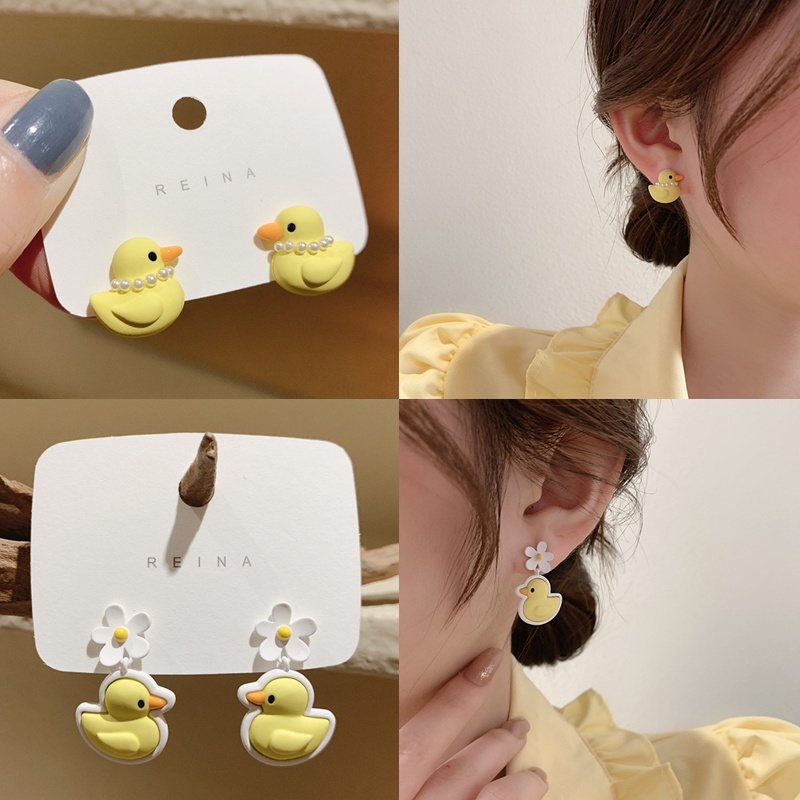 Anting Tusuk Sterling Silver 925 Desain Kartun Bebek Kuning Untuk Wanita