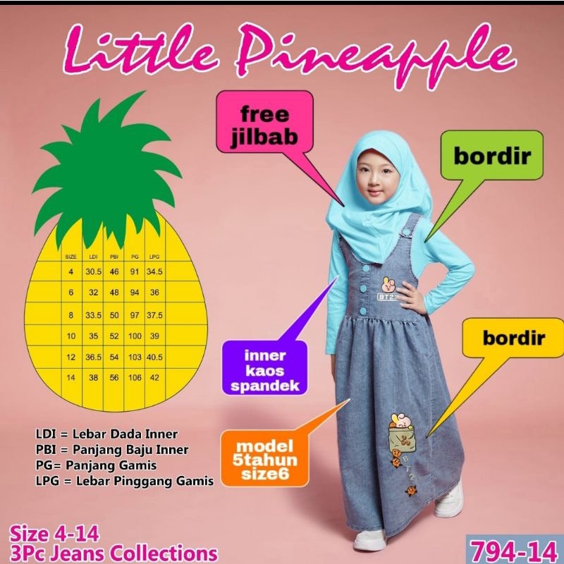 (LP. 794-14) LITTLE PINEAPPLE OVERALL JEANS + INNER BIRU + JILBAB No.4-14