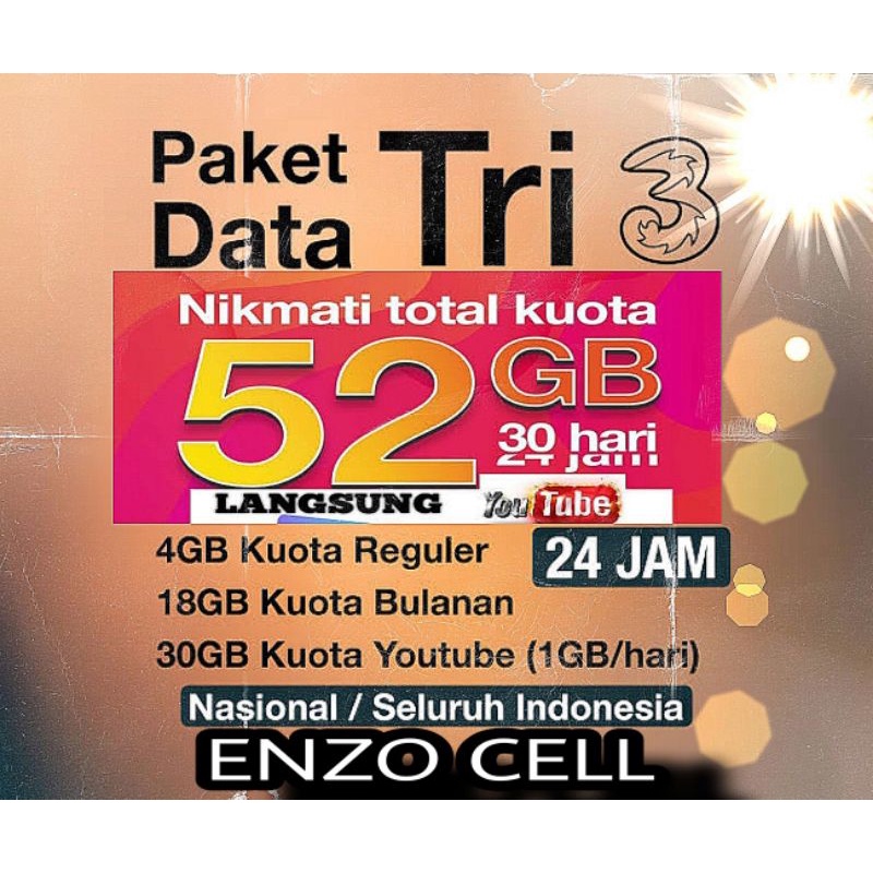 Kuota Tri 52GB Unlimited Youtube