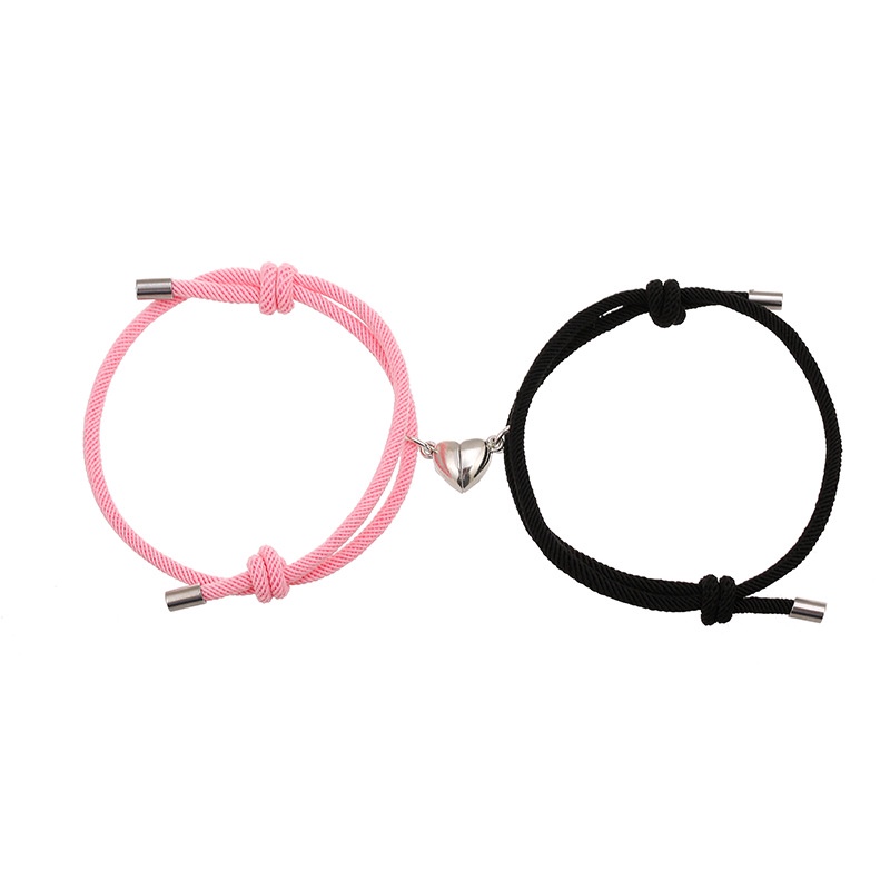 1 Pasang Gelang Tali Kepang Magnetik Dengan Liontin Hati Bahan Baja Untuk Pasangan