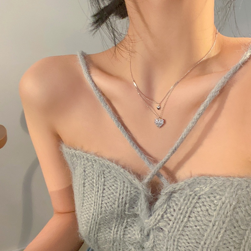 Kalung Rantai Choker Liontin Hati Ganda Aksen Kristal Warna Silver Untuk Wanita