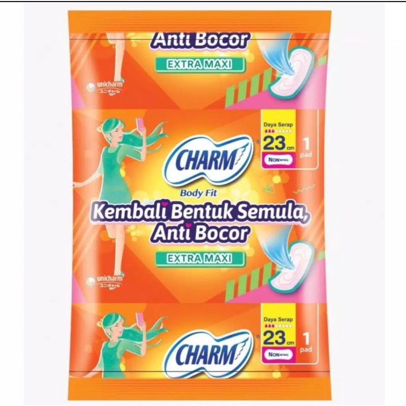 Charm Body Fit Extra Maxi Non Wing 23cm isi 1 pads Anti Kerut Anti Bocor Bantalan Elastis murah ecer