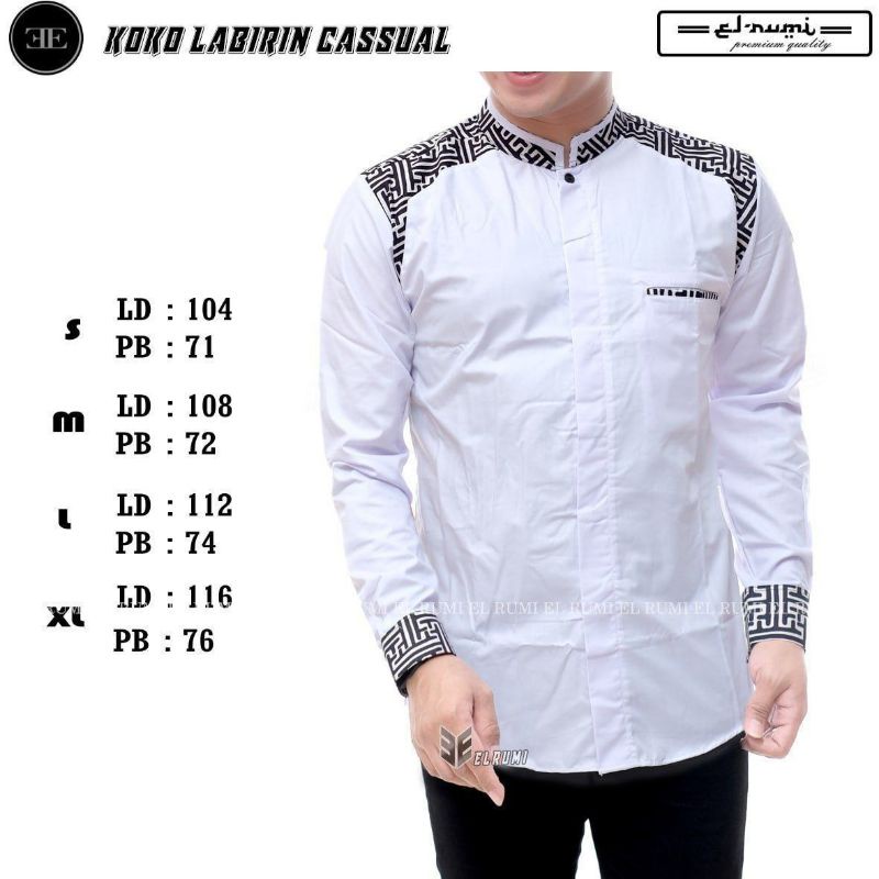 BAJU KOKO PRIA LENGAN PANJANG BAJU KOKO DEWASA PUTIH POLOS KOMBINASI BAJU MUSLIM HADROH TAQWA ELRUMI EL RUMI TOYOBO PREMIUM TERBARU-Labirin