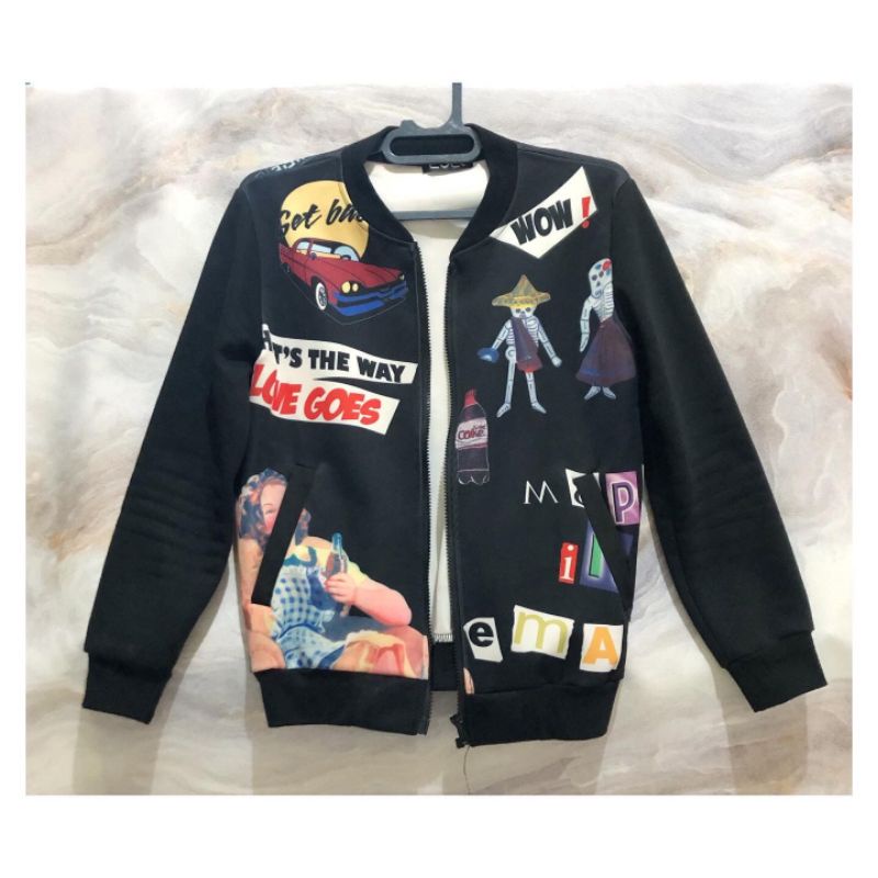 Jaket Fashion Wanita Hitam Print Gothic Biker Jacket Vintage