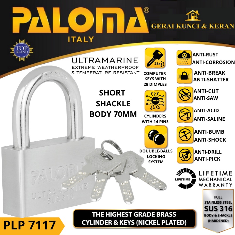 PALOMA PLP 7117 Gembok Padlock 70MM SHORT Anti Cut STAINLESS SUS 316