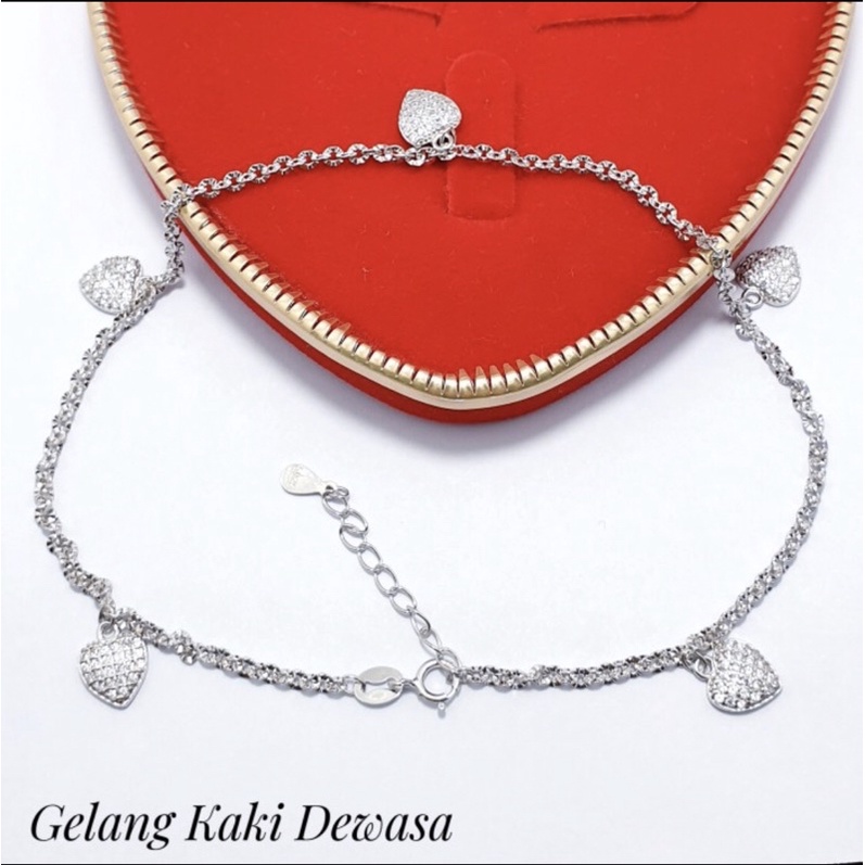 Gelang kaki gantungan love gelang kaki cewek perak 925 lapis emas putih