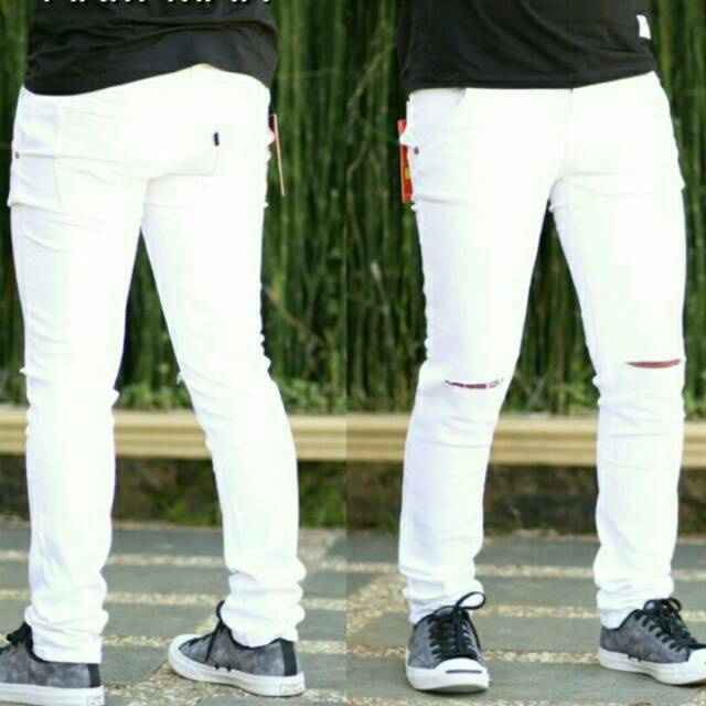celana jeans sobek pria warna putih celana jeans slimfit putih model sobek terbaru