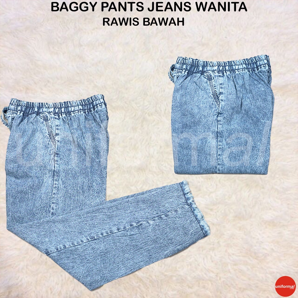 Celana Baggy Pants Jeans Wanita,  Baggy Pants Jins Model RAWIS, Celana Perempuan Pinggang Karet Tali, Celana Wanita Kekinian Saku Depan, Baggy Boyfrend Mid Waist ROSE BAGGY PANTS // BOYFRIEND JEANS SNOW