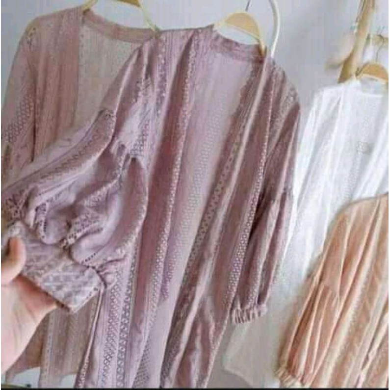PROMO Long Outer Panjang Kardygan Lace Brukat Lengan Balon | Cardigan Baju Wanita Muslimah | Busana Pantai-5