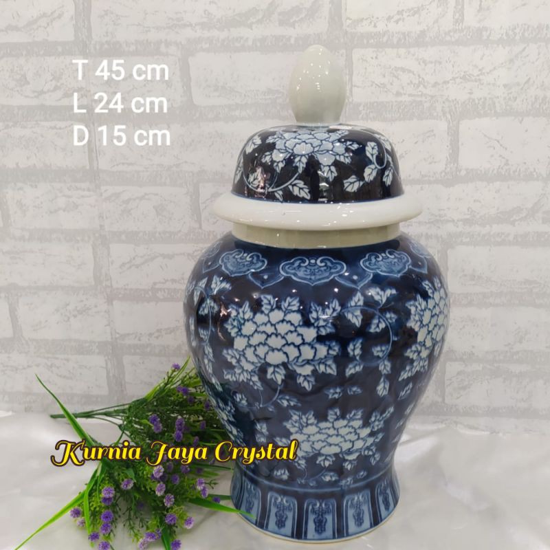 Toples keramik biru putih Dark Blue Flower/ Pajangan Guci Toples keramik Biru Putih/ Guci Chinna