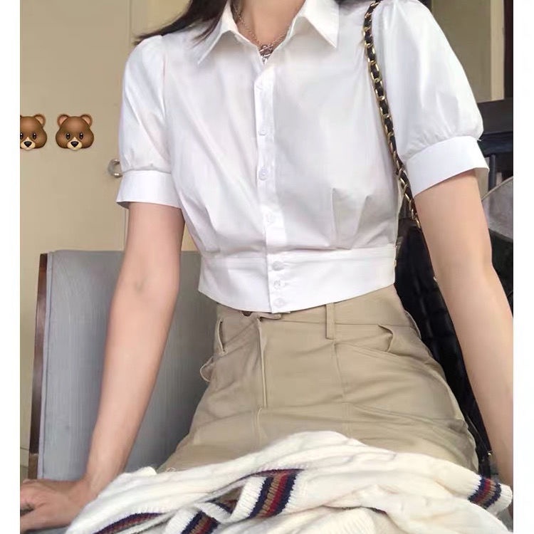 Prove New College Vintage Bubble Sleeve Reduction Pinggang Tinggi Slim Fit Putih Lengan Pendek Semua