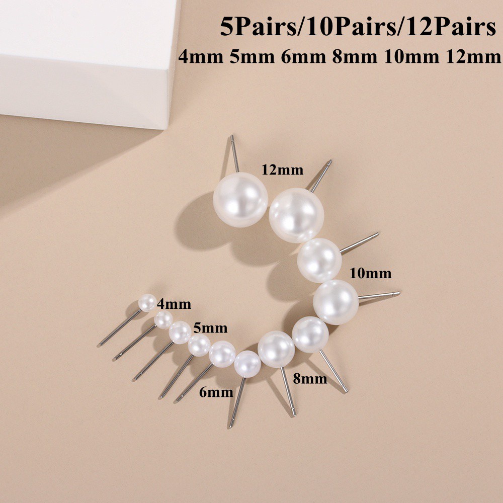 5 Pasang / 10 Pasang / 12 Pasang Anting Stud Mutiara Bentuk Bulat Ukuran 4mm 5mm 6mm 8mm 10mm 12mm Untuk Wanita