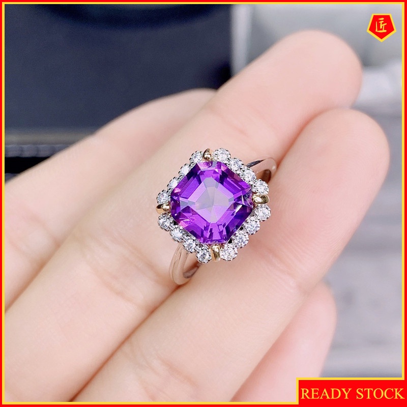 [Ready Stock]Simple Fashion Square Diamond Amethyst Ring for Women