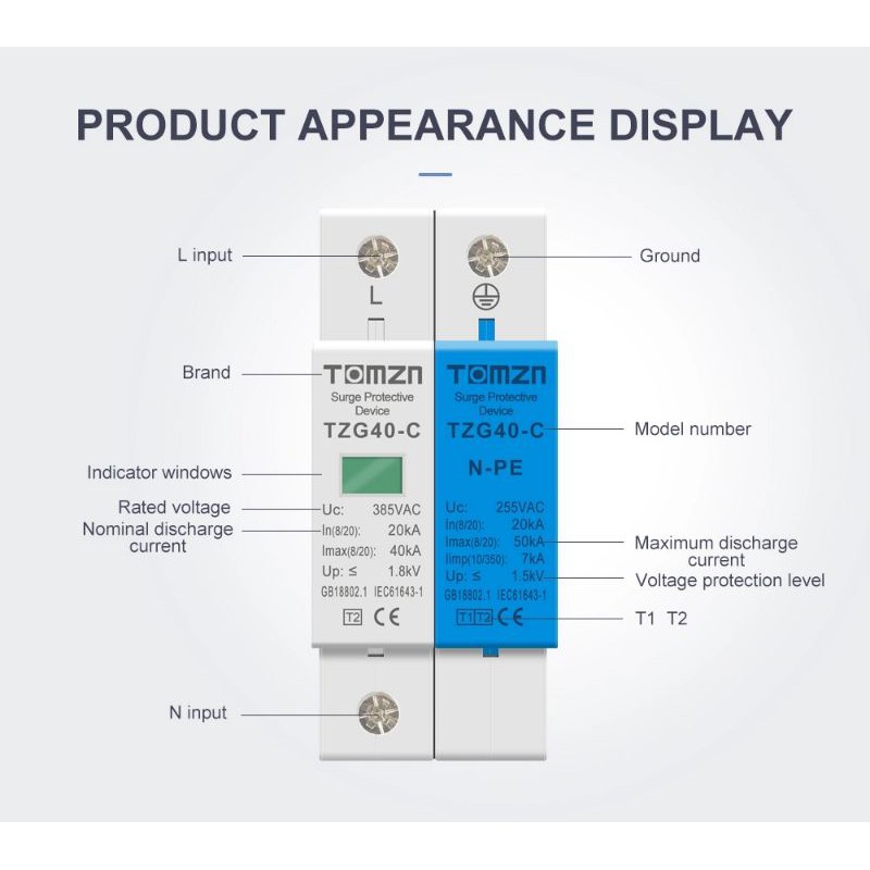 SPD AC 1P + Npe 50KA T1 T2 385V 255V Surge Protector arrester