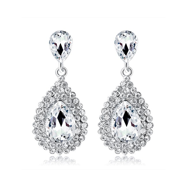 LRC Anting Tusuk Fashion Silver Color Full Diamond Decorated Waterdrop Shape Earrings