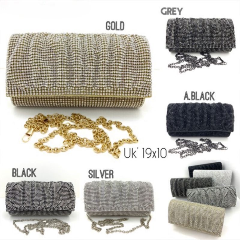 tas pesta glitter full sequin manik swarovski mata permata stud lonjong persegi panjang magnet tali 
